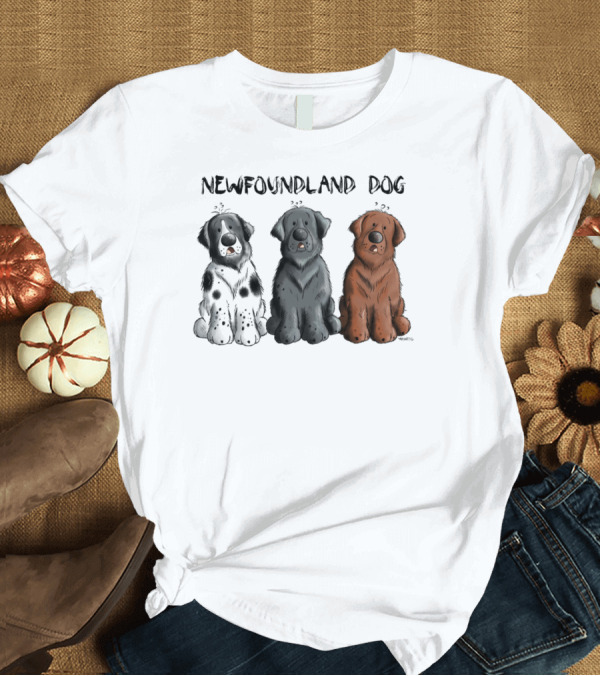 T-Shirt: Newfoundland Dog Trio with Black, Spotted, and Brown Variants T-Shirt Newfoundland Dog Trio with Black, Spotted, and Brown Variants T-Shirt