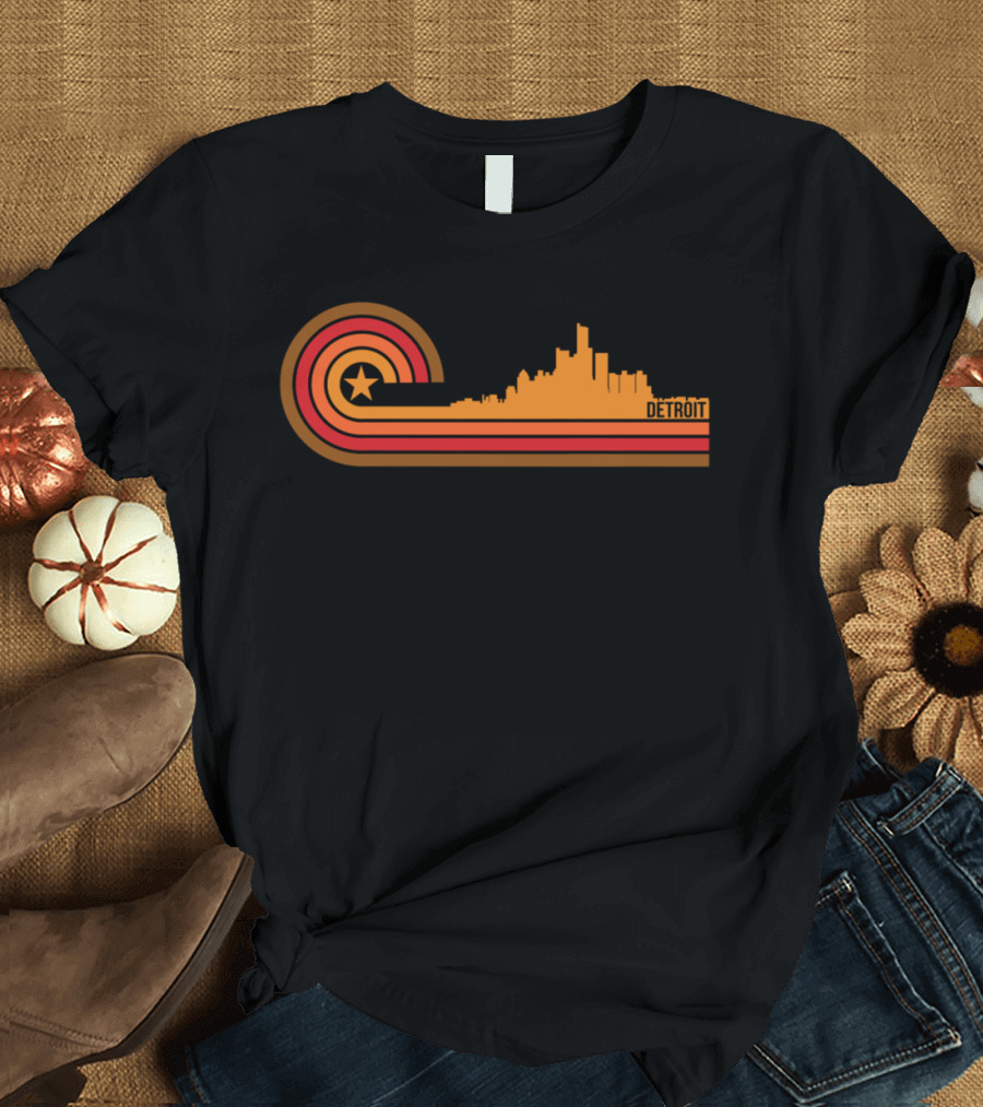 Retro Detroit Skyline with Colorful Circular T-Shirt