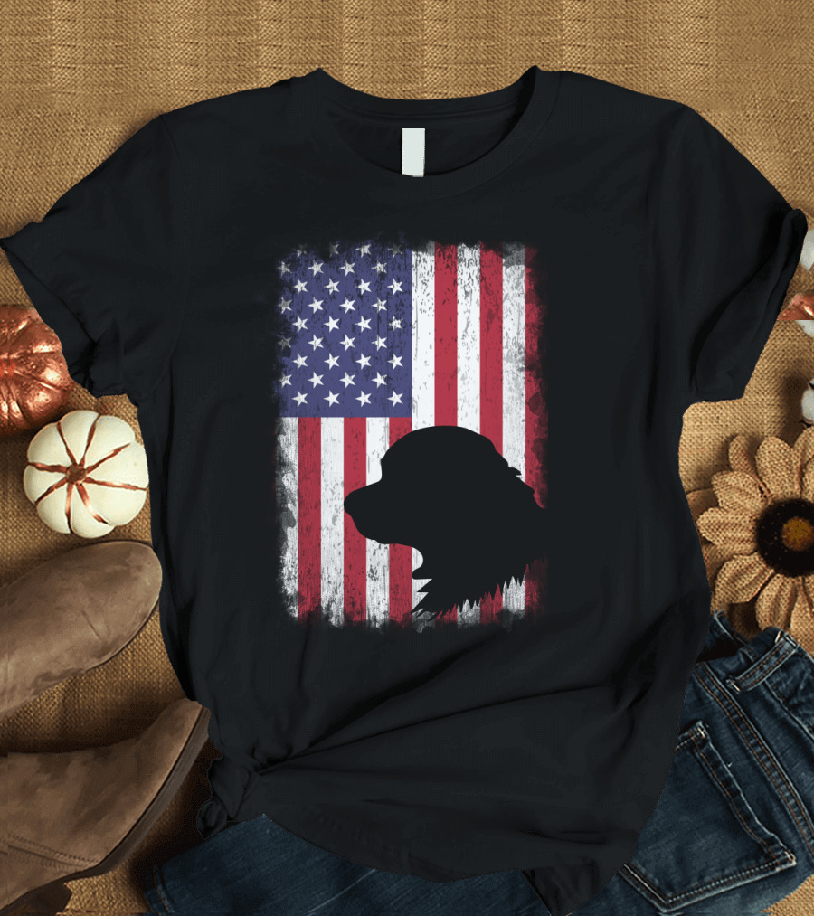 Golden American Flag USA Patriotic Dog Silhouette with Stars and Stripes Background T-Shirt