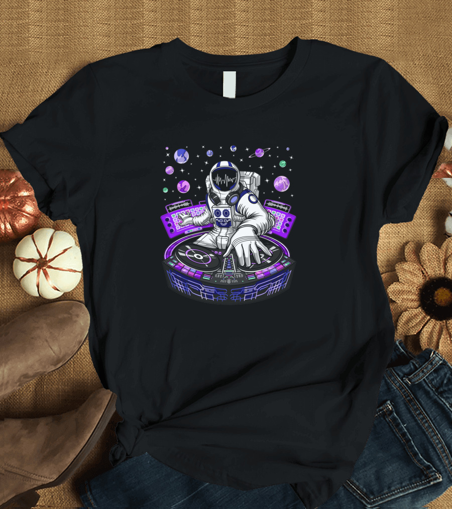Astronaut DJ Mixing Beats with Planetary Backdrop 1382302 T-Shirt