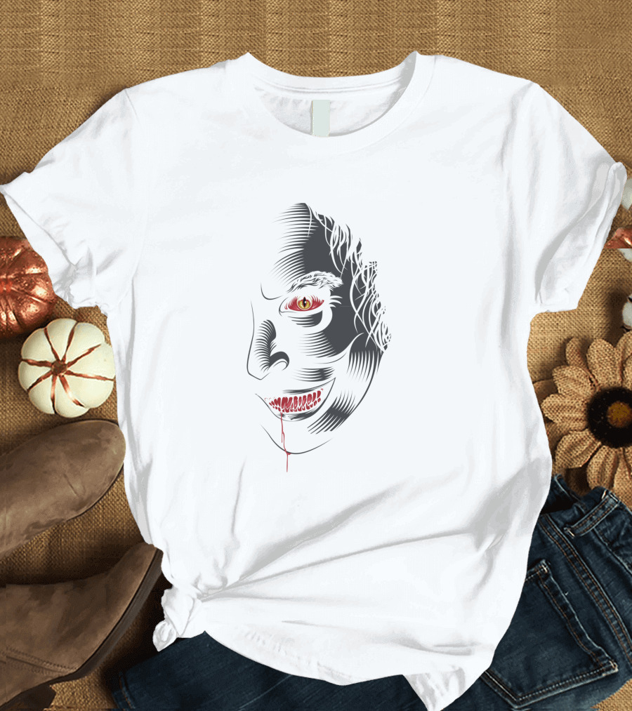 Aswang 1186733 Creepy Red-Eyed Smiling Face with Blood Drip T-Shirt
