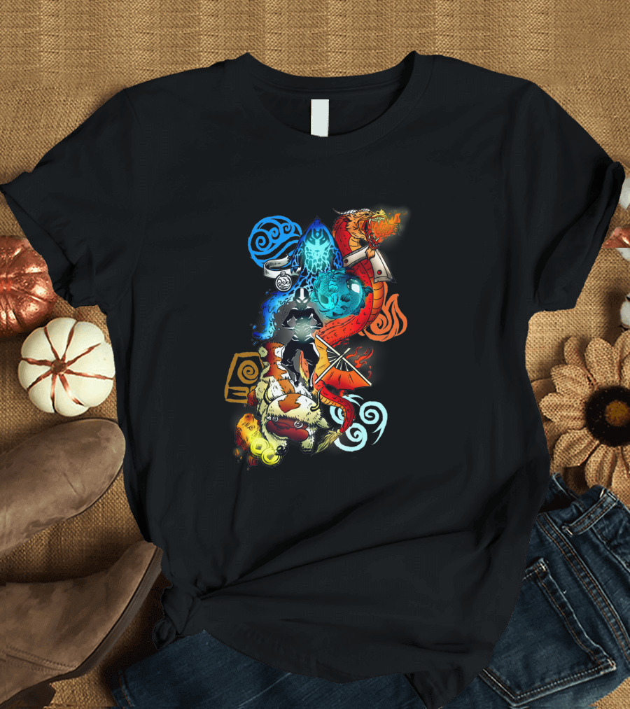 Avatar Bending Elements with Water, Earth, Fire, Air Symbols and Creatures 4828 T-Shirt