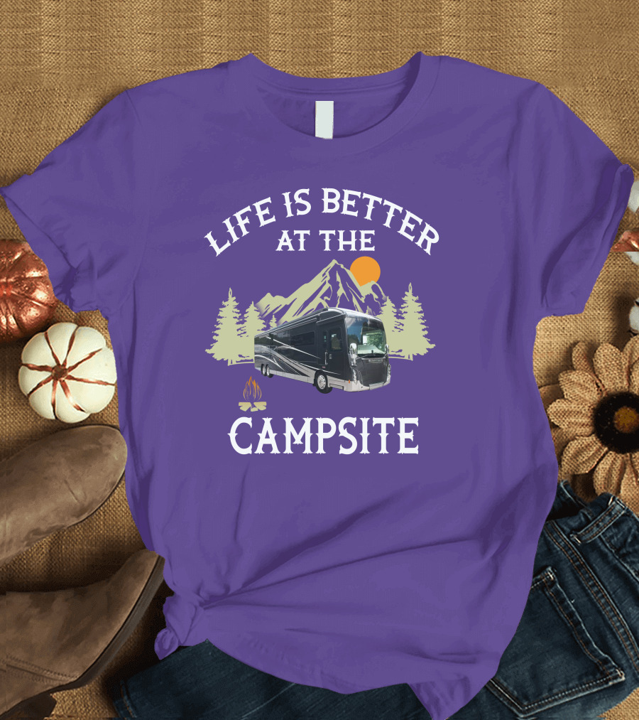 Life Is Better at the Campsite Winnebago 42QL Mountain Sunset Campfire T-Shirt