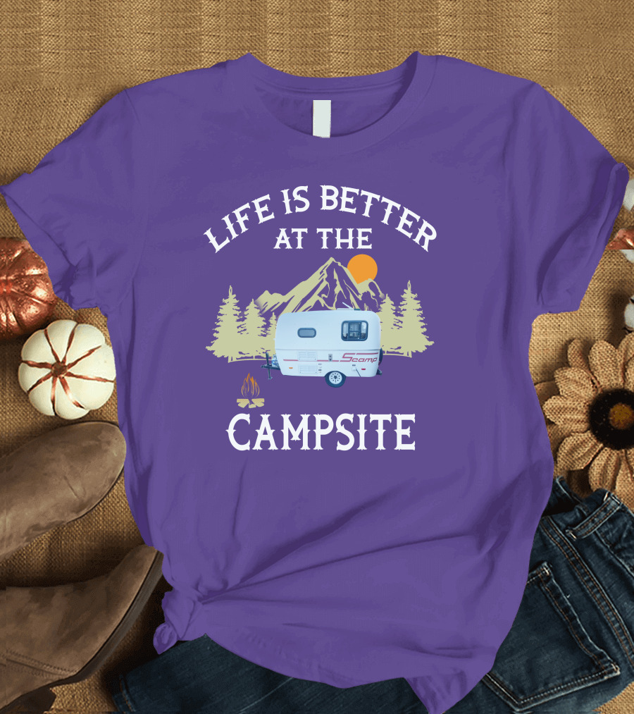 Life Is Better At The Campsite Scamp Small Travel Trailers Mountain Sunset T-Shirt