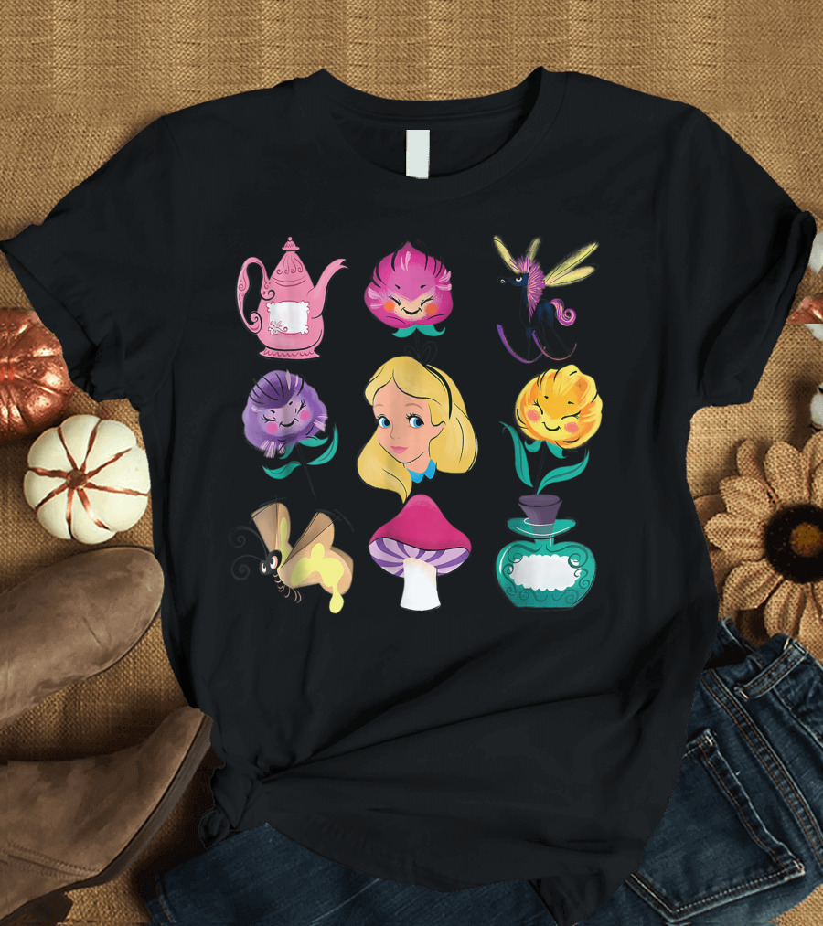 Alice Wonderland Flowers Teapot Caterpillar Cheshire Cat Elements T-Shirt
