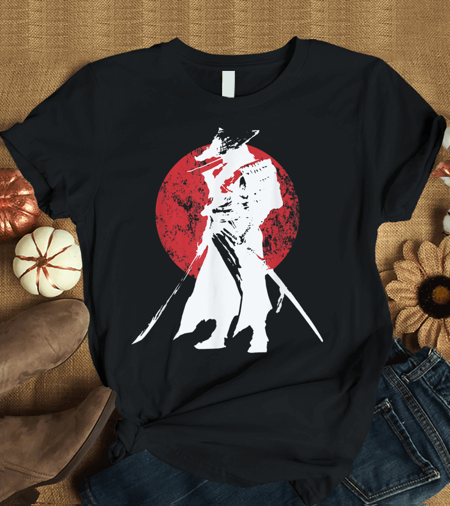 Samurai Warrior Sword Retro Japanese Sun Motif T-Shirt