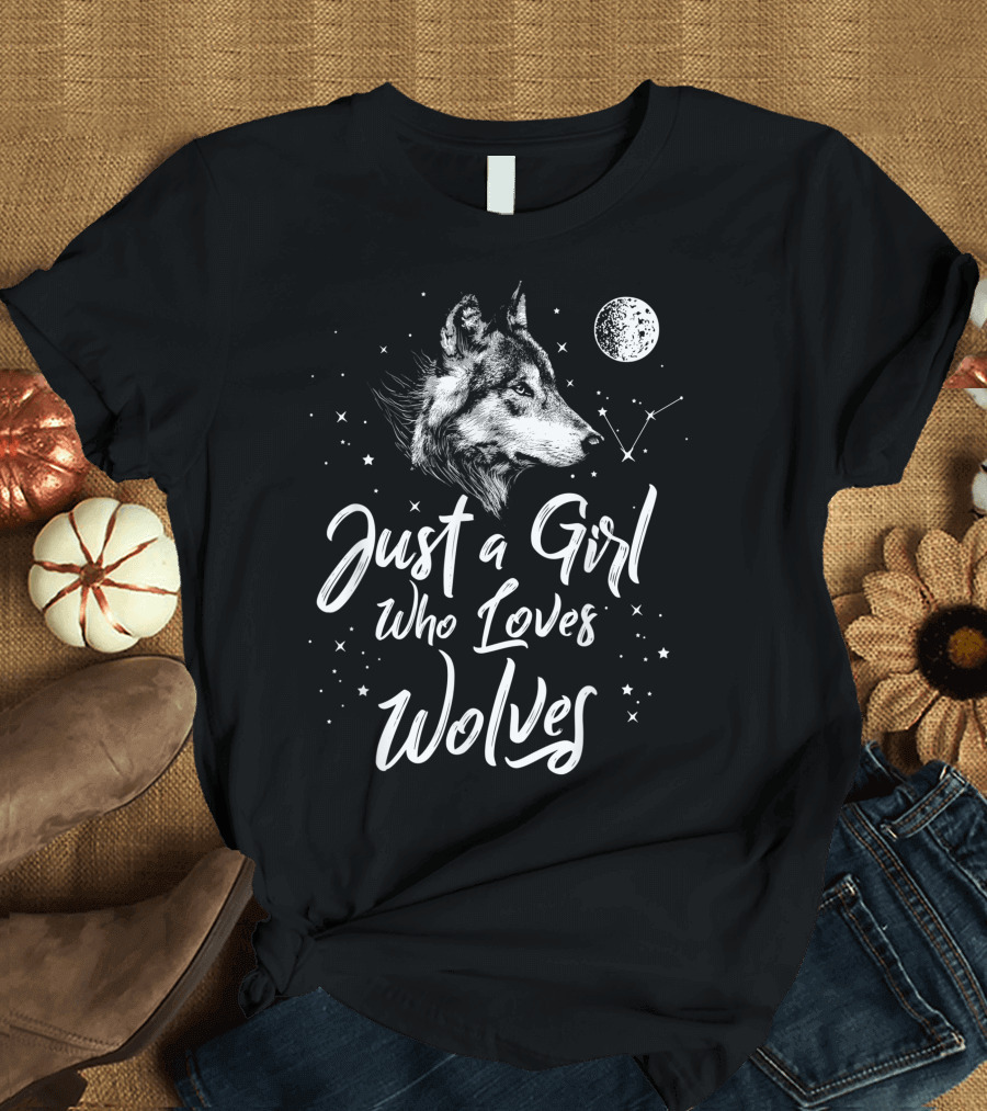 Just A Girl Who Loves Wolves Wolf Moon Constellation Stars T-Shirt
