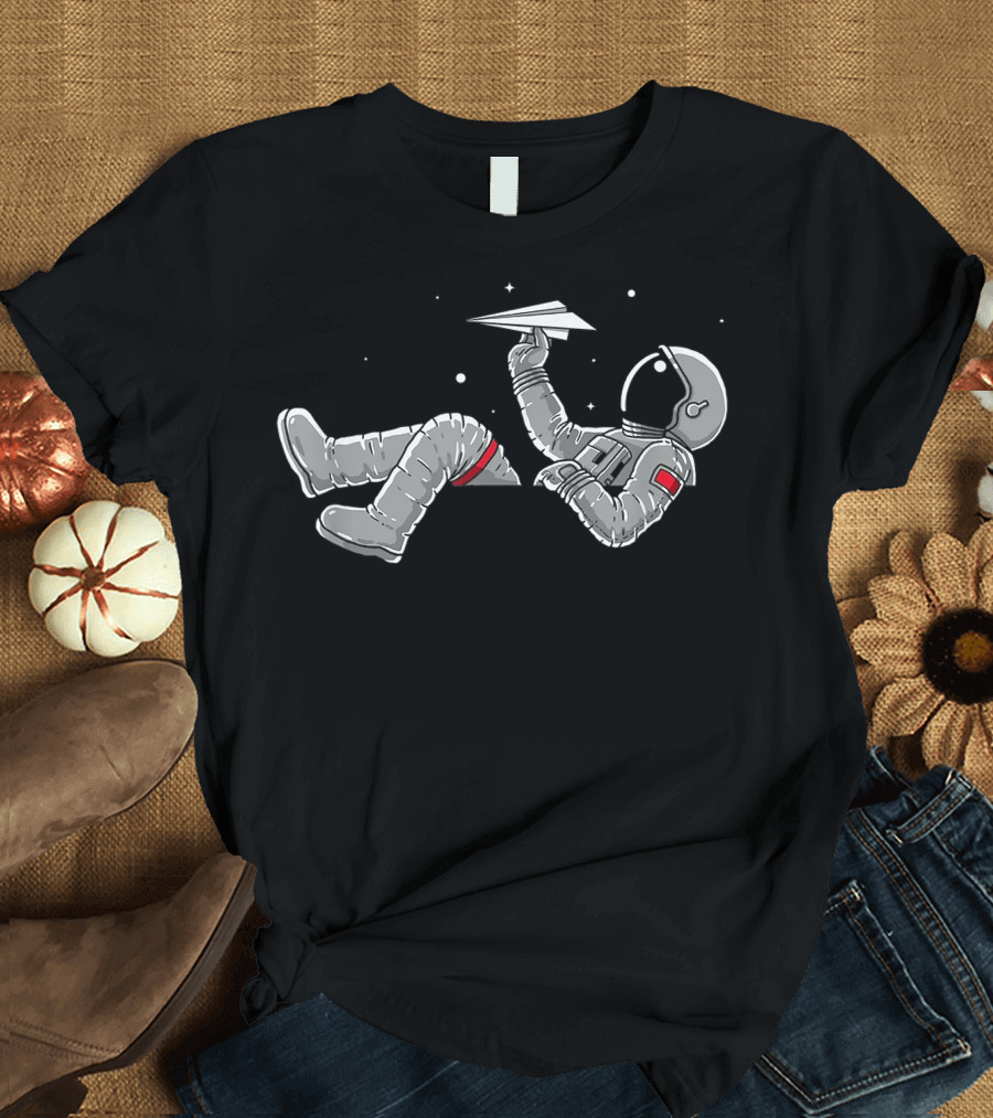 Relaxing Astronaut with Paper Airplanes in Space T-Shirt