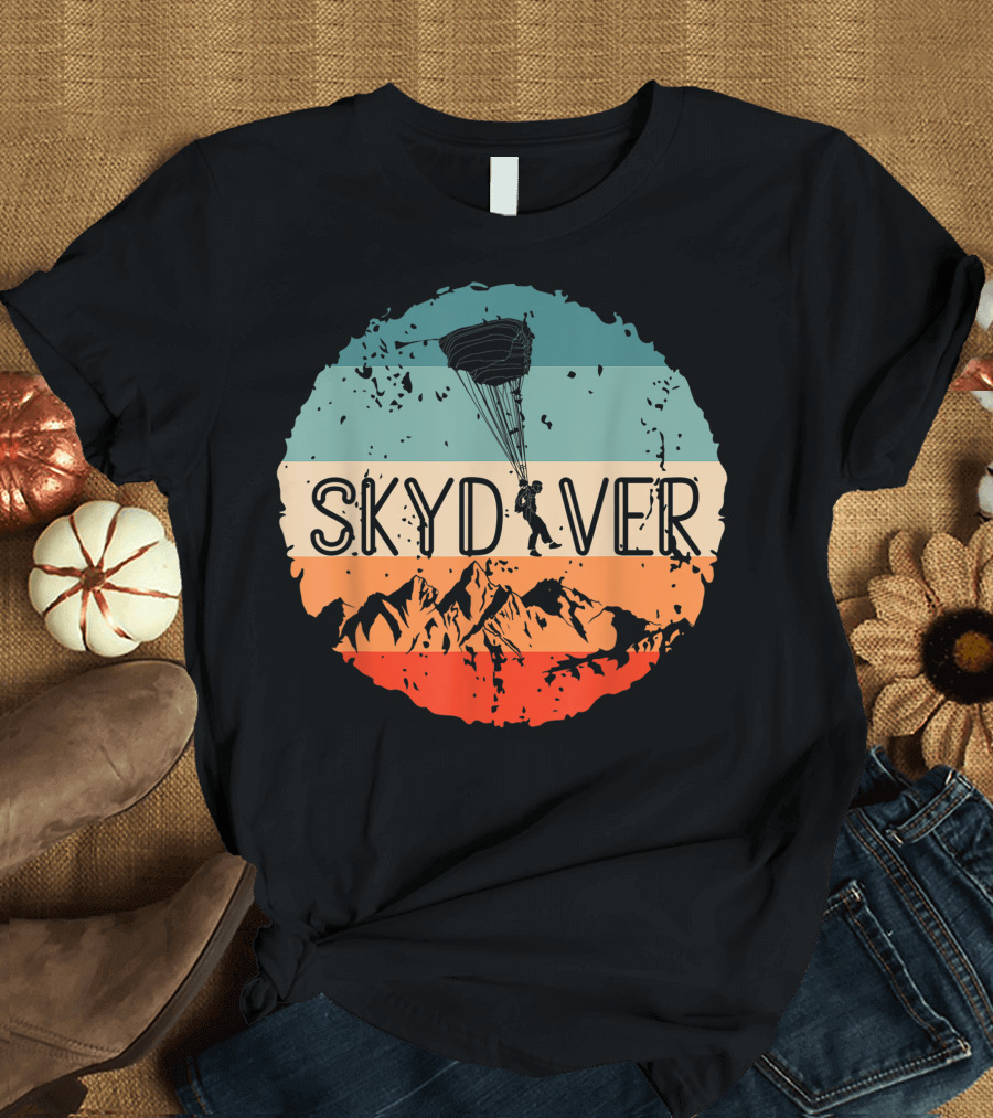 Retro Vintage Skydiver Parachuting Over Mountains T-Shirt