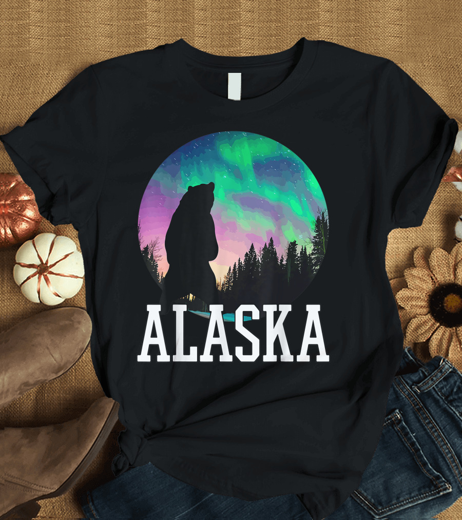Alaska Northern Lights Bear and Forest Scene T-Shirt