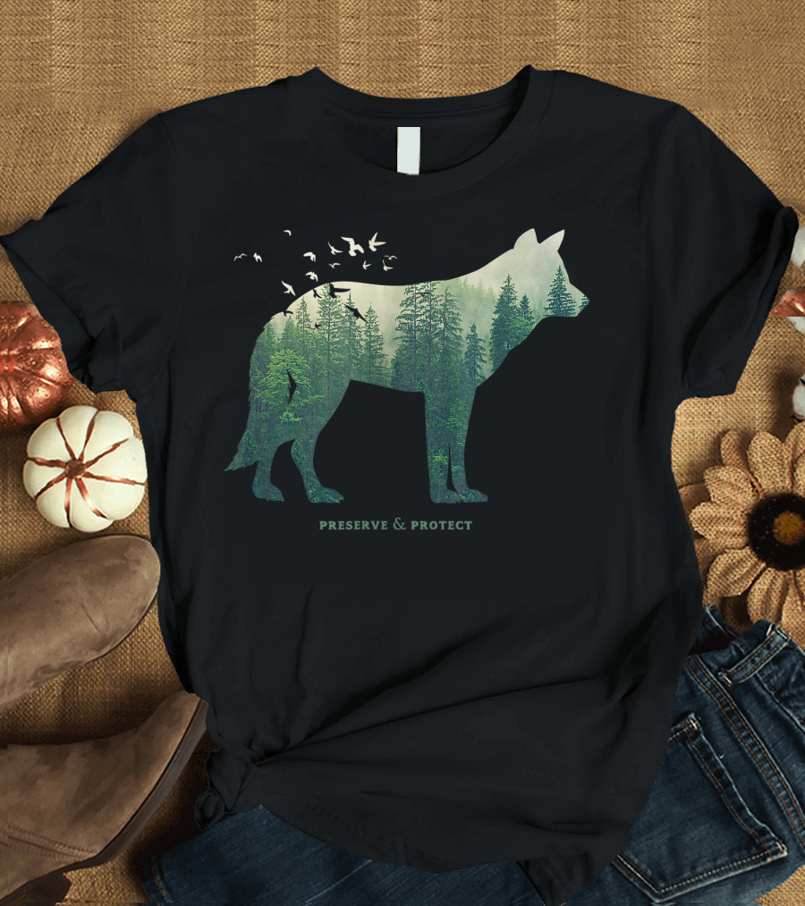 Preserve and Protect Forest Wolf with Birds and Trees T-Shirt