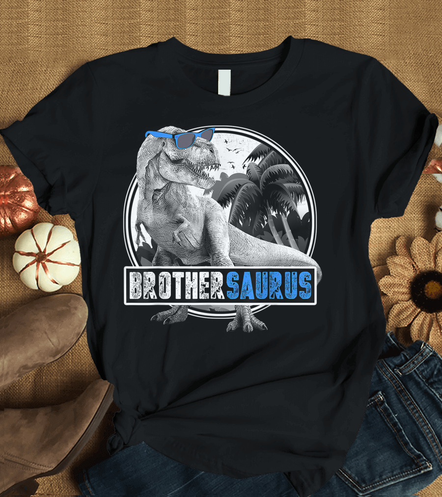 Brothersaurus Rex Dinosaur with Sunglasses and Palm Trees T-Shirt