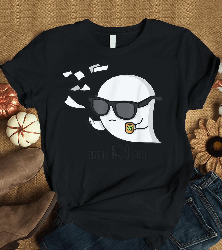 This Is Boo Sheet Ghost Halloween Party Funny Ghost Wearing Sunglasses with Flying Paper T-Shirt