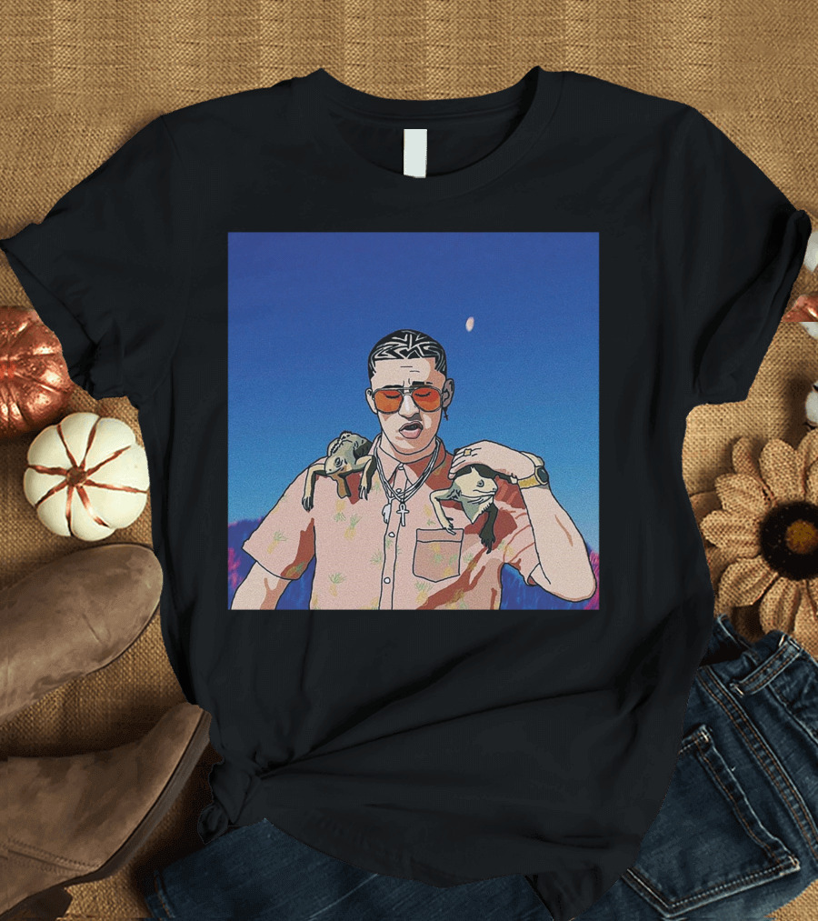 Bad Bunny Vibrant Illustration with Frogs and Moonlit Sky T-Shirt