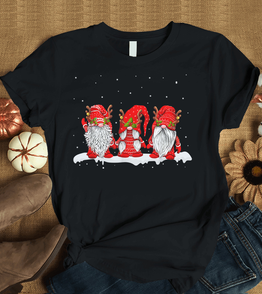 Three Nordic Gnomes Winter Christmas Swedish Elves Reindeer Antlers Snowflakes T-Shirt