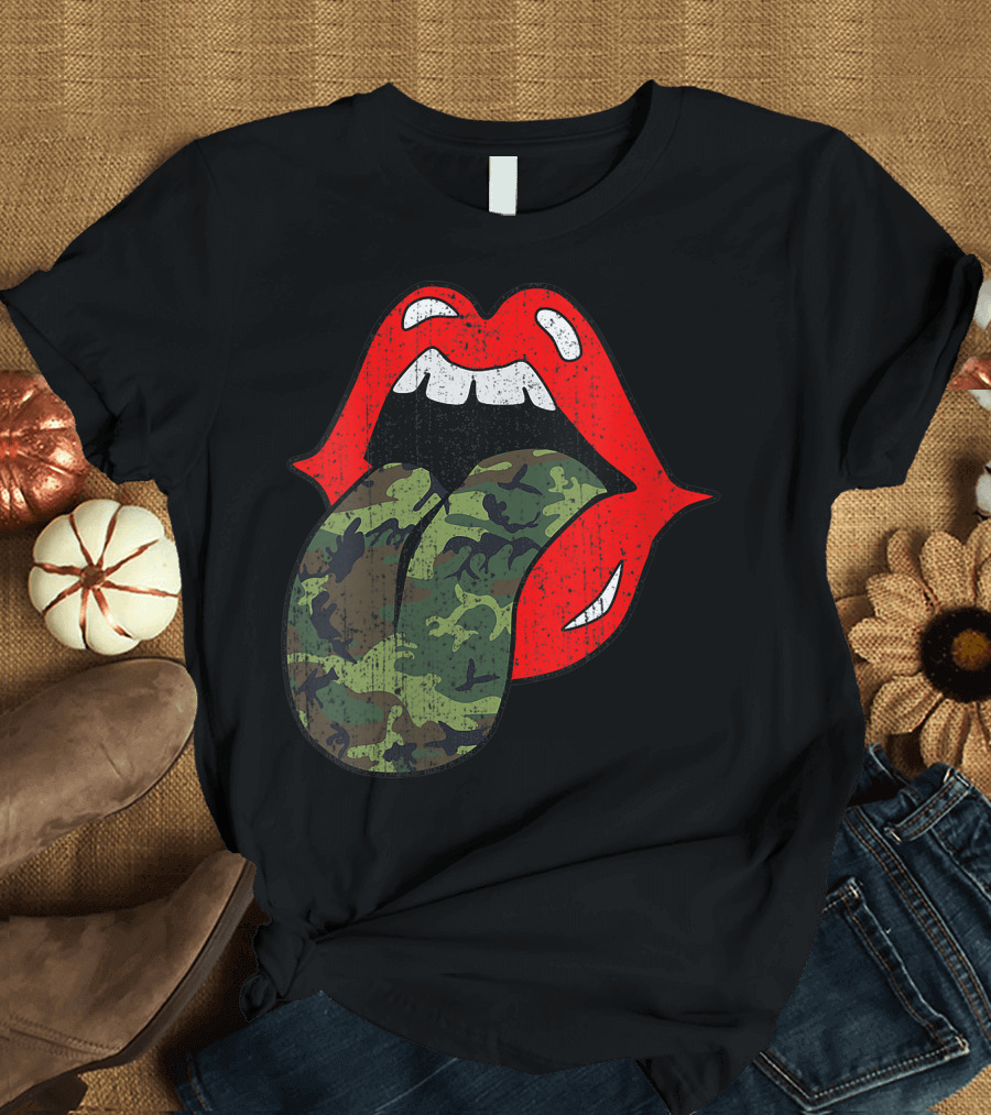 Rolling Stones Red Lips Camo Tongue Retro Vintage Trendy Camouflage T-Shirt