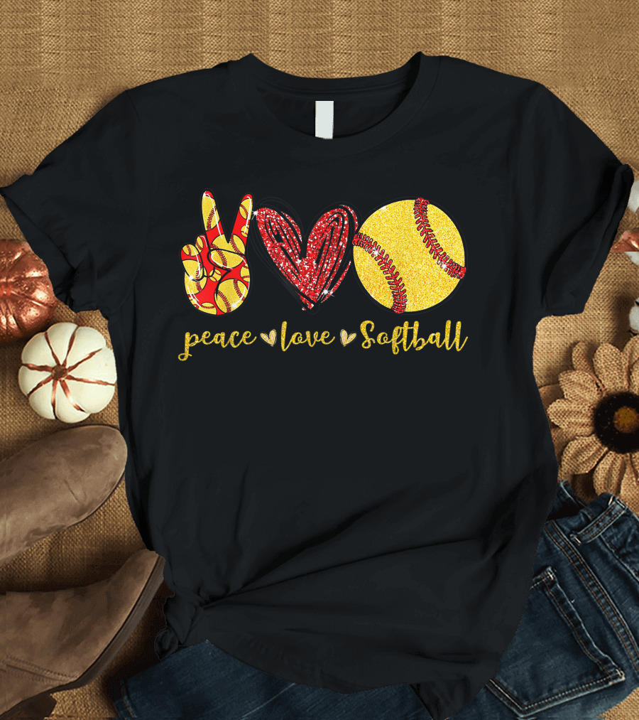 Peace Love Softball Cute Lovers Glove Heart Ball T-Shirt