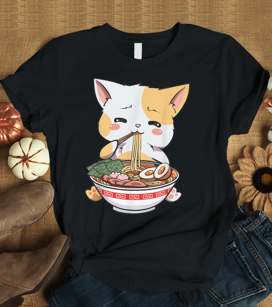 Kawaii Neko Ramen Cute Cat Eating Japanese Noodle Bowl Funny Anime T-Shirt