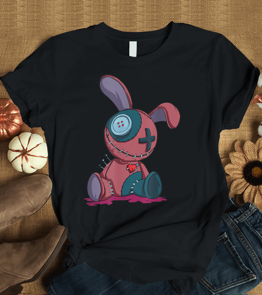 Pastel Goth Creepy Cute Voodoo Doll Bunny with Button Eye and Stitches T-Shirt