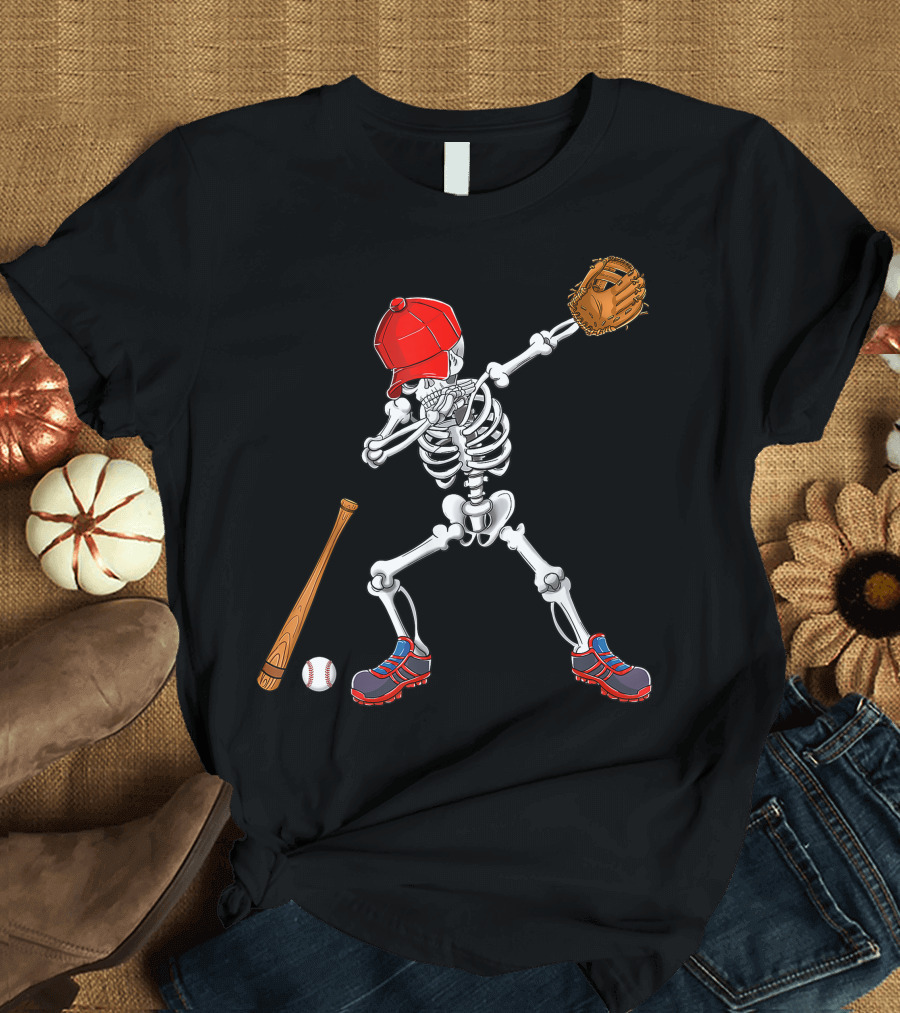 Skeleton Dabbing in Red Cap with Baseball Bat and Glove Halloween T-Shirt