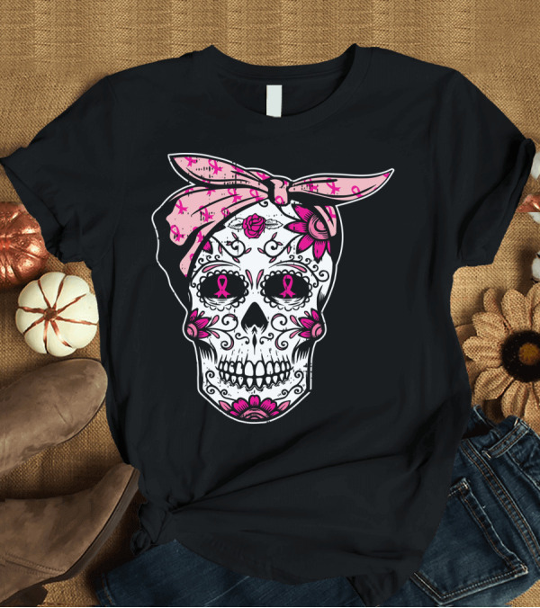 T-Shirt: Sugar Skull Pink Ribbon Breast Cancer Awareness Floral Bandana T-Shirt Sugar Skull Pink Ribbon Breast Cancer Awareness Floral Bandana T-Shirt