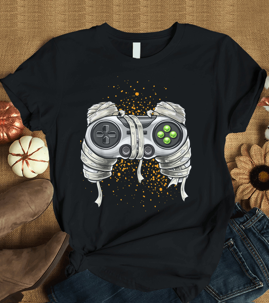 Video Game Controller Wrapped as Halloween Mummy with Bandages and Green Buttons T-Shirt