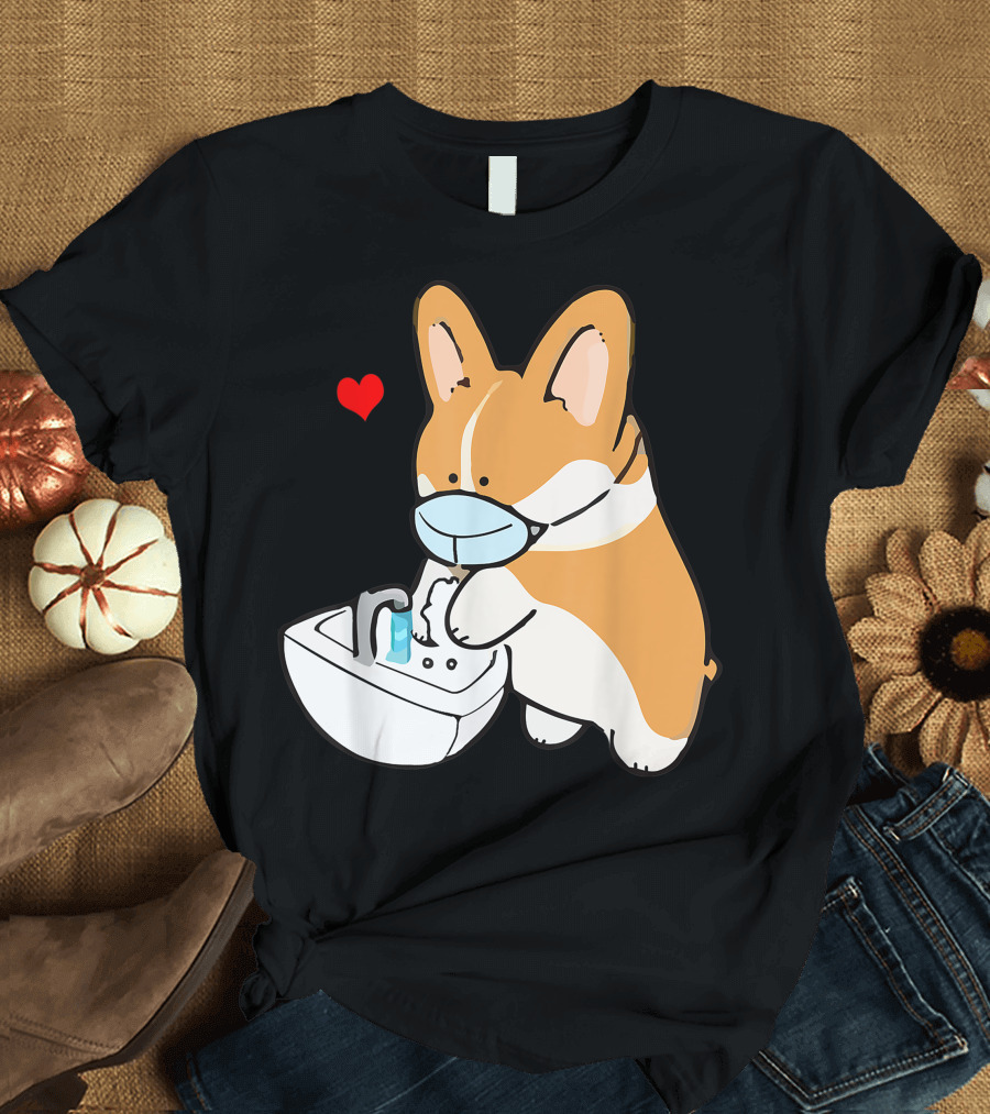 Wholesome Corgi Wearing Mask Washing Hands with Hand Sanitizer Heart T-Shirt
