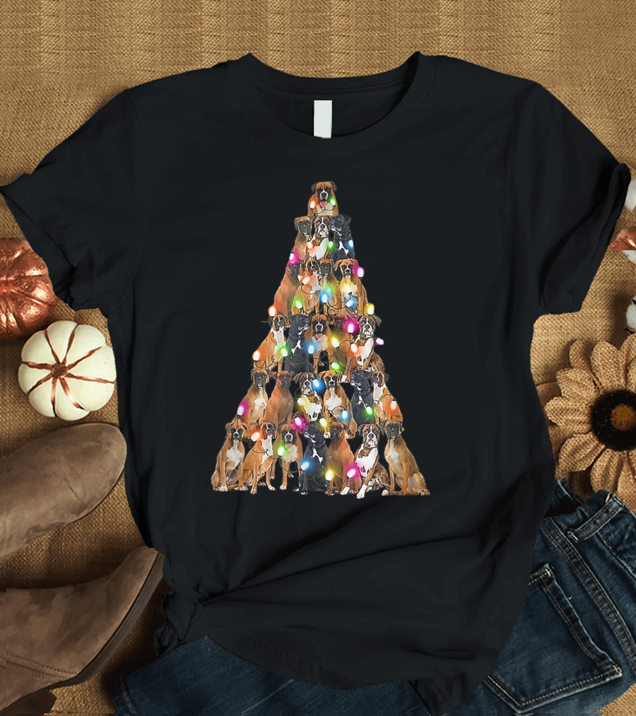 Boxer Dog Christmas Tree with Colorful Lights Xmas T-Shirt