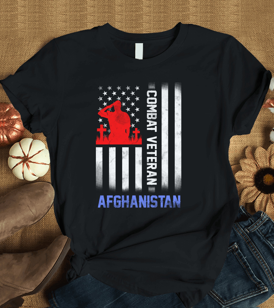 Combat Veteran Afghanistan US Flag Saluting Soldier and Crosses T-Shirt