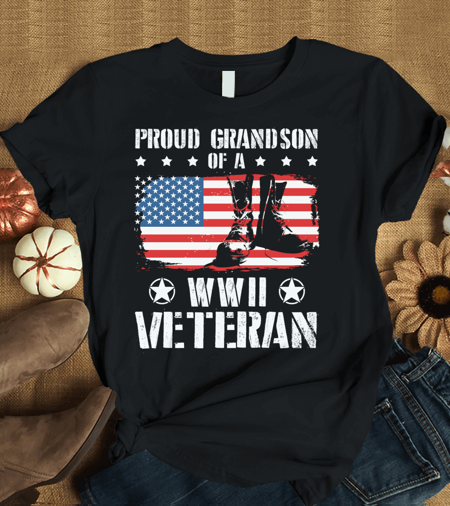 Proud Grandson of a WWII Veteran American Flag and Boots T-Shirt