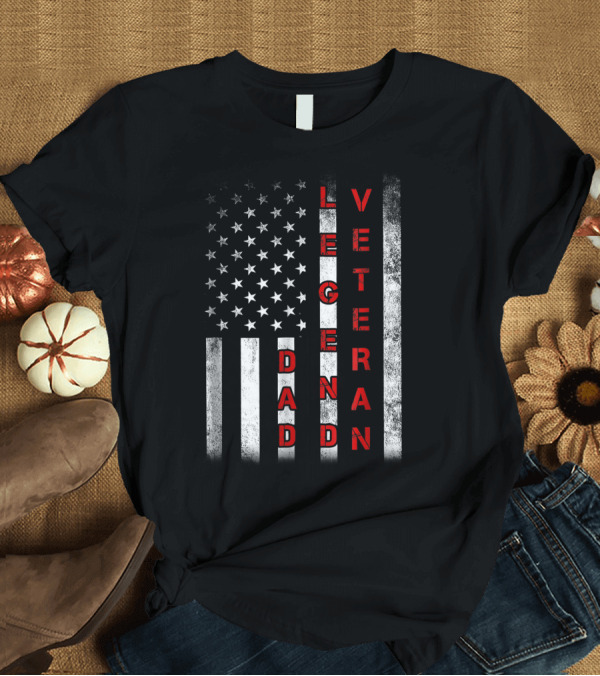 T-Shirt: Distressed American Flag Veteran Dad Legend Vertical Text Patriotic T-Shirt Distressed American Flag Veteran Dad Legend Vertical Text Patriotic T-Shirt