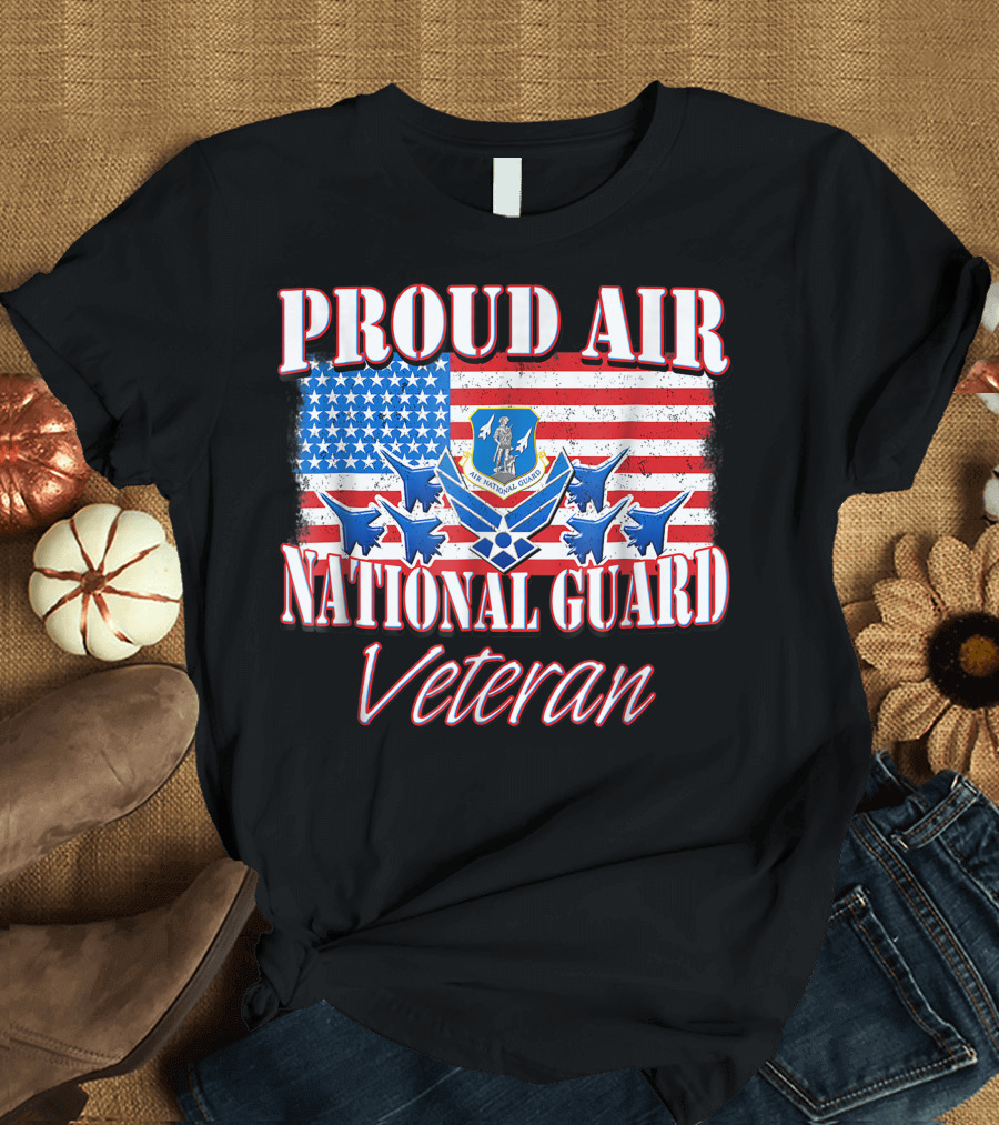 Proud Air National Guard Veteran USA Air Force American Flag Jets Badge T-Shirt