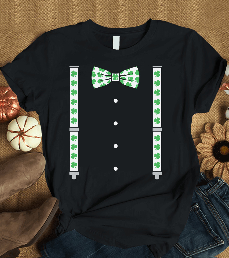 St. Patrick's Day Shamrocks Bow Tie Suspenders Black Tuxedo T-Shirt