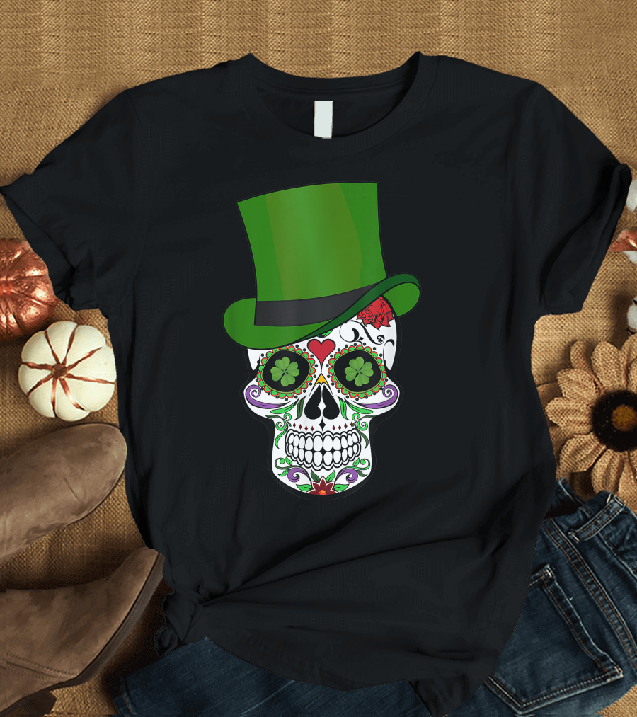 Sugar Skull St. Patrick's Day Saint Patty's Day Clover Top Hat T-Shirt