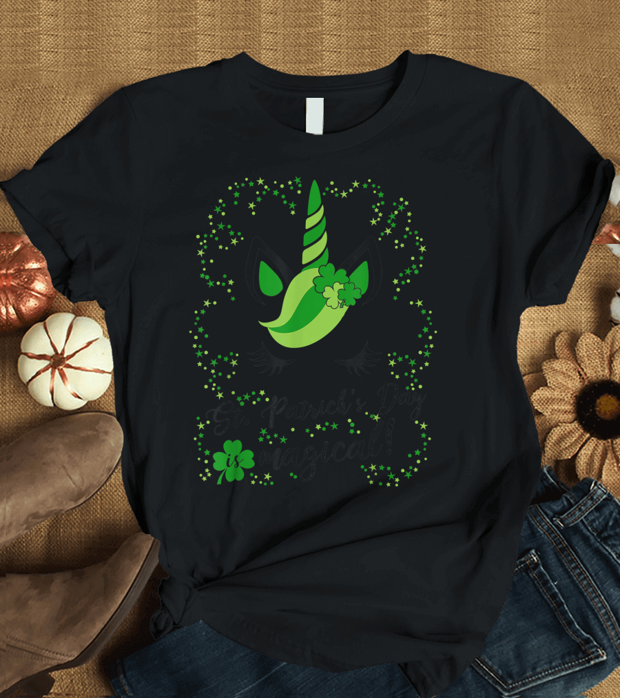 St Patricks Day Magical Unicorn with Four Leaf Clover and Stars T-Shirt