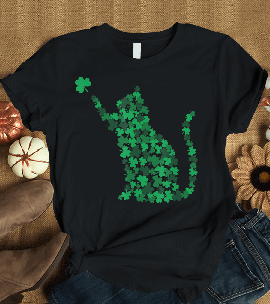 Happy Saint Patrick's Day Shamrock Cat Silhouette with Clover T-Shirt