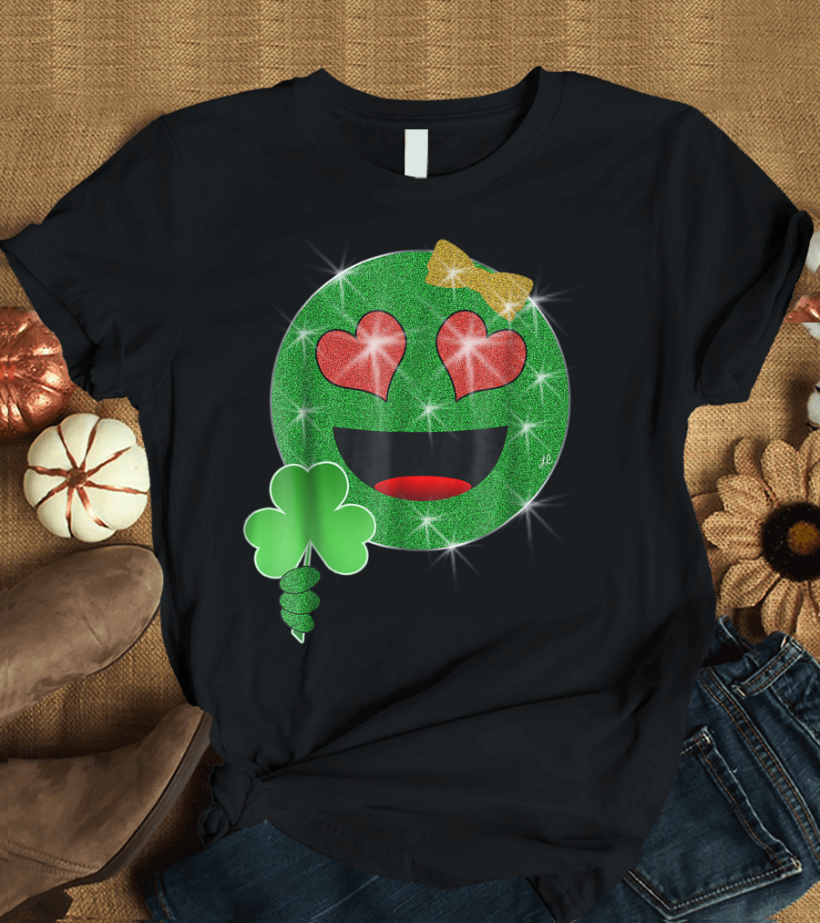 Sparkly Green Heart Eyes Emoji with Clover and Gold Bow for St. Patrick's Day T-Shirt