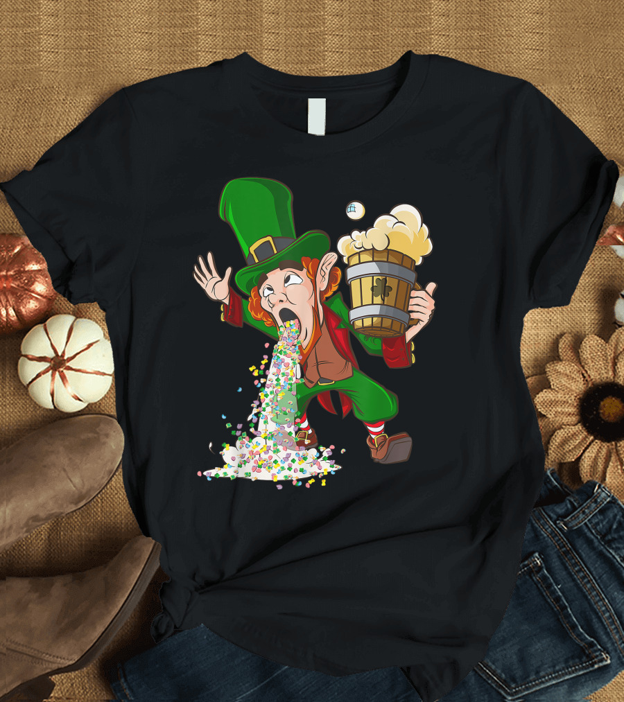 Funny St Patricks Day Drunk Leprechaun Puking with Beer and Clover Icons T-Shirt