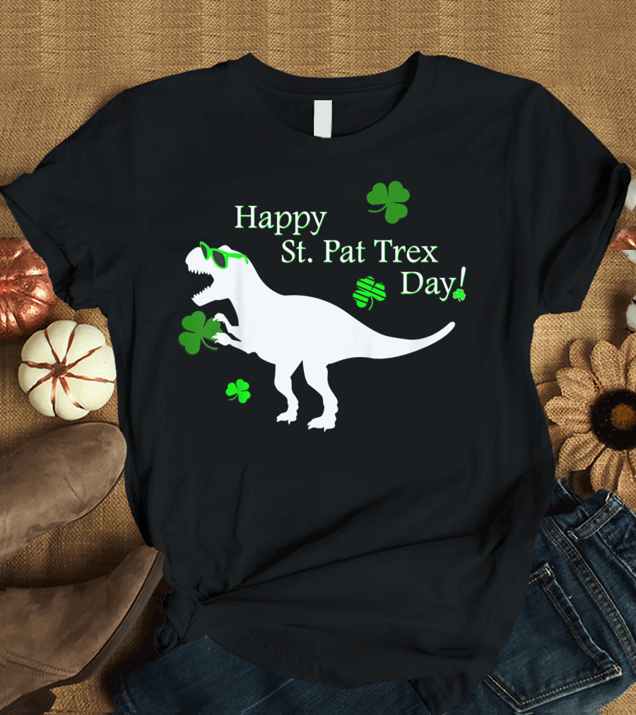 Kids Happy St Pat Trex Day Cute St Patrick's with Shamrocks and Dinosaur T-Shirt