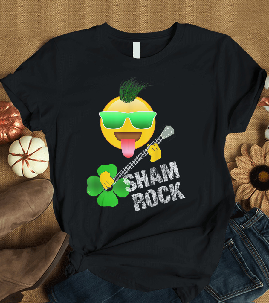 St. Patrick's Day Sham Rock Emoji with Guitar and Shamrock T-Shirt