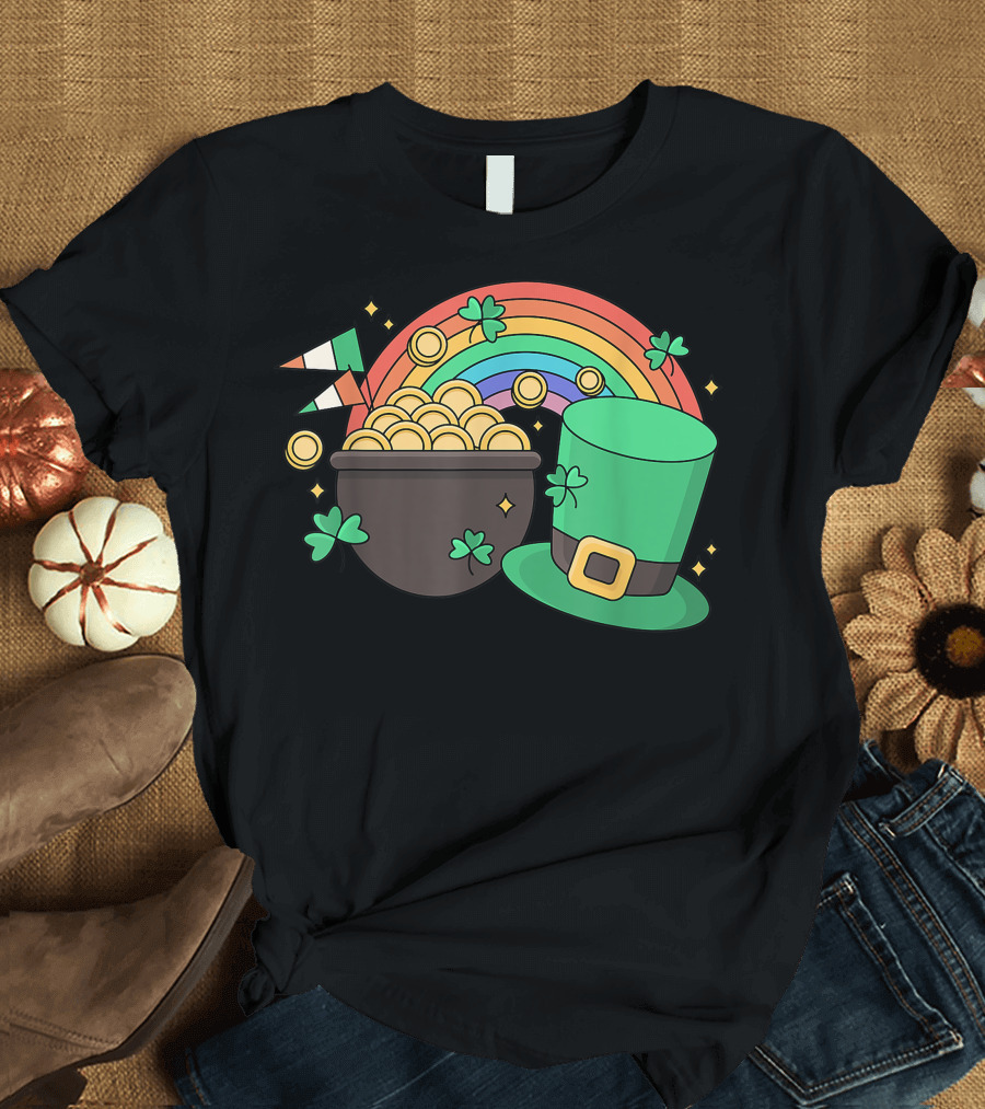 St Patricks Day Leprechaun Pot of Gold with Rainbow and Green Hat T-Shirt