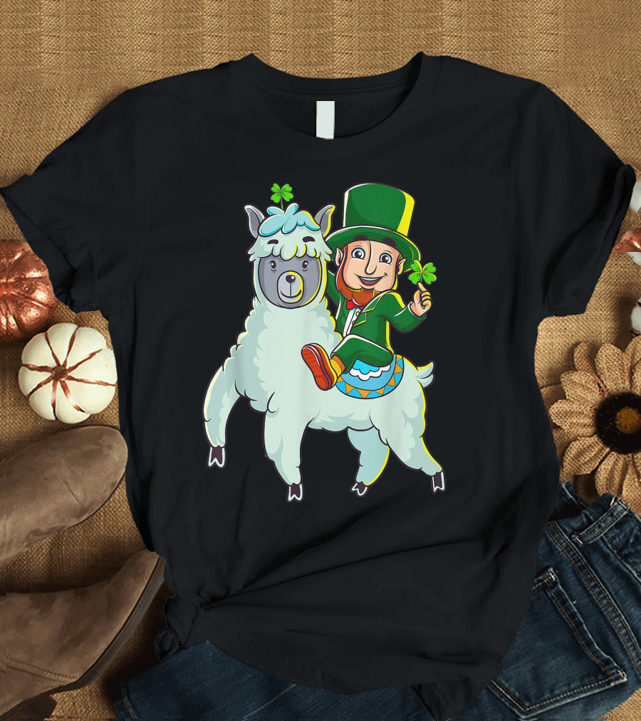 Leprechaun Holding Shamrock Riding Llama with Green Hat and Red Shoes T-Shirt