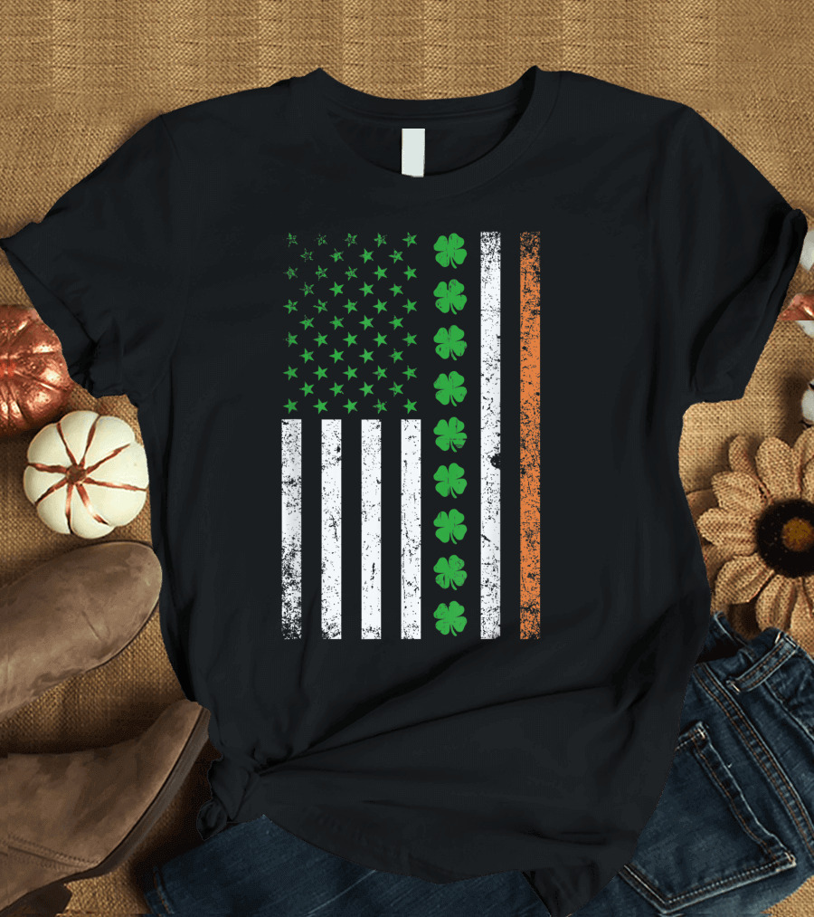 Irish American Flag with Shamrocks and Stripes T-Shirt