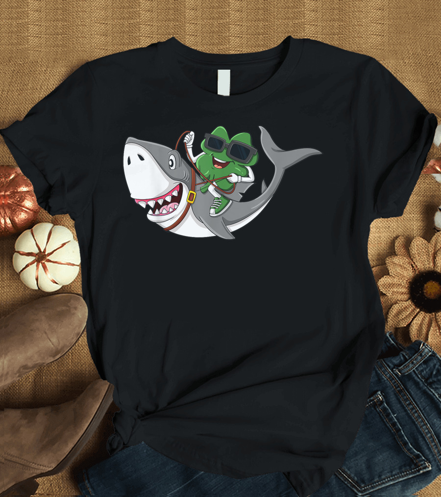 Shamrock Wearing Sunglasses Riding a Shark T-Shirt