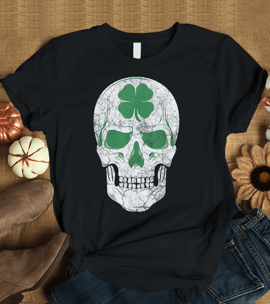 St. Patrick's Day Irish Skull with Green Shamrock T-Shirt