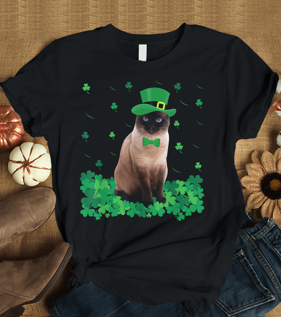 St. Patrick's Day Siamese Cat with Shamrocks and Irish Hat T-Shirt