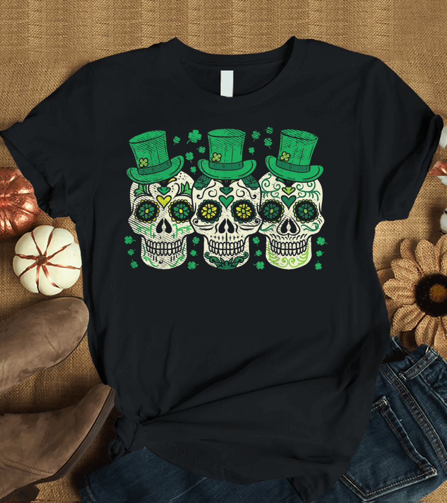 Irish Mexican Sugar Skulls with Leprechaun Hats Shamrocks T-Shirt