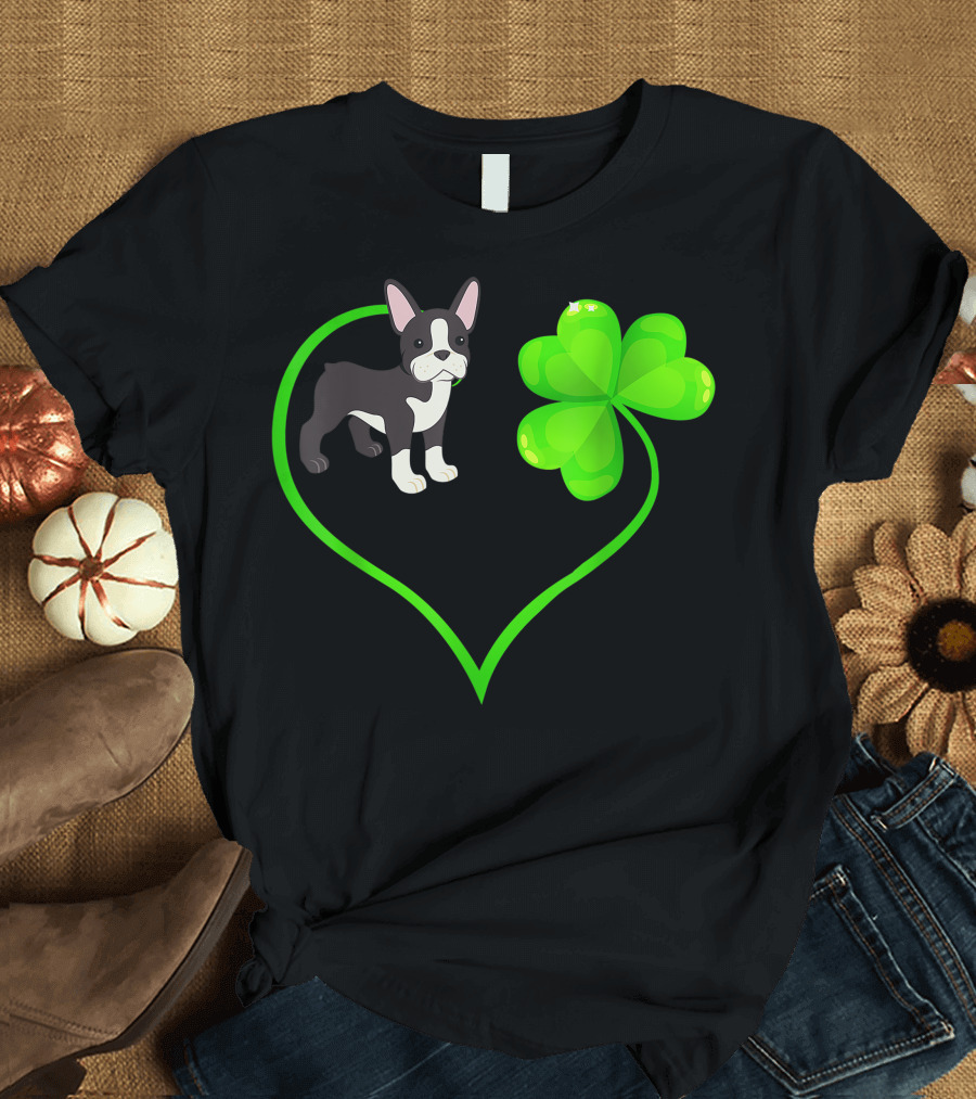 Boston Terrier Dog Shamrock Heart St Patrick's Day T-Shirt