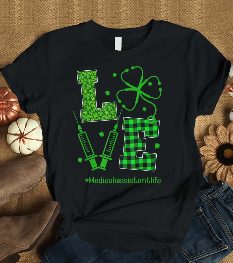 Green Plaid Shamrock Stethoscope Love Medical Assistant Life T-Shirt