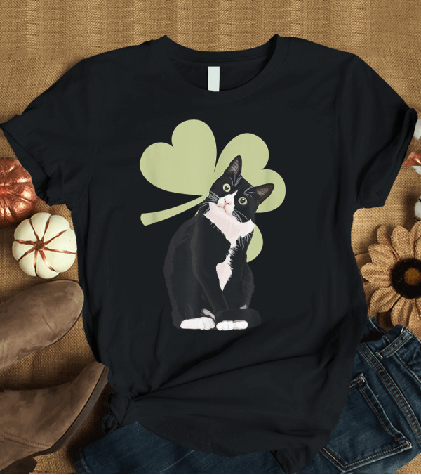 T-Shirt: St Saint Patrick's Day Tuxedo Cat with Shamrock Background T-Shirt St Saint Patrick's Day Tuxedo Cat with Shamrock Background T-Shirt